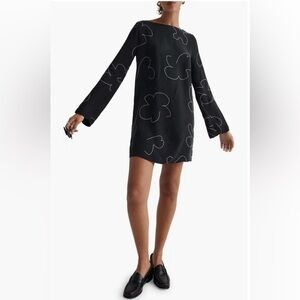 NWT Madewell Shift Mini Dress True Black Floral Print Sz Med Long Sleeves Cupro